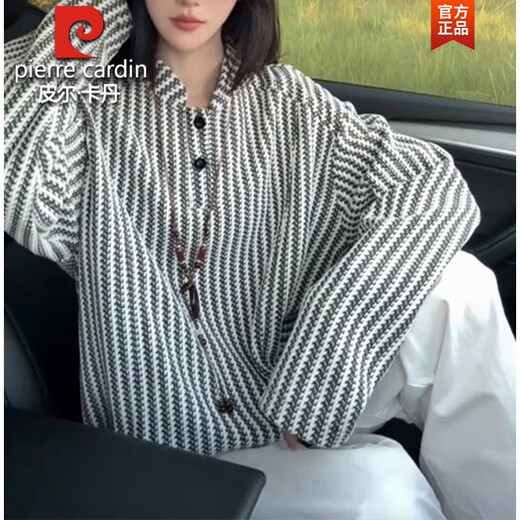 Pierre Cardin Little Fragrance Henley Collar Long Sleeve T-Shirt Men's Autumn American Heavyweight Herringbone Stripe Jacquard Knitted Polo Shirt Sweatshirt White Upgraded M