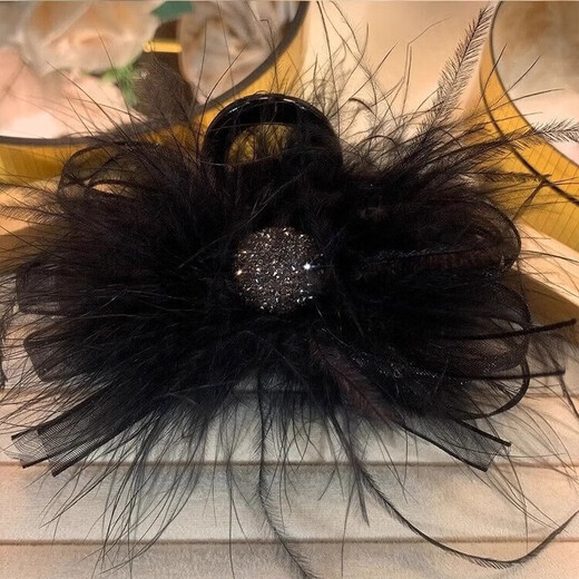 2023 New Bow Black Feather Clip for Women's Back of Head Autumn and Winter High-Quality Shark Hair Clip Black Silver Beads
