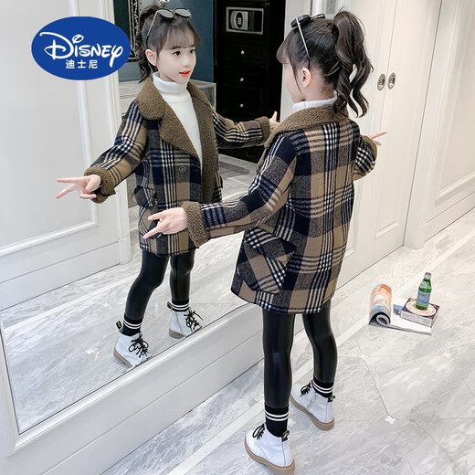 Disney (Disney) Girls Autumn and Winter Woolen Jacket 2025 New Children's Clothing Western Style Mid-Length Medium and Large Children's Tartan Coat Orange Velvet Thickening 130 cm