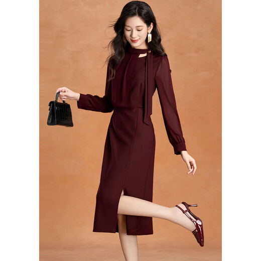 Kebel light luxury high-end dress women's 2025 new autumn and winter temperament waist slimming long-sleeved slit mid-length skirt XL