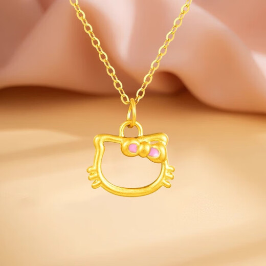 Chow Tai Fook pure gold 999 Kitty hollow cat gold pendant hellokitty bow clavicle necklace Chinese Valentine's Day gift KITTY cat paint pendant + S925 gold necklace