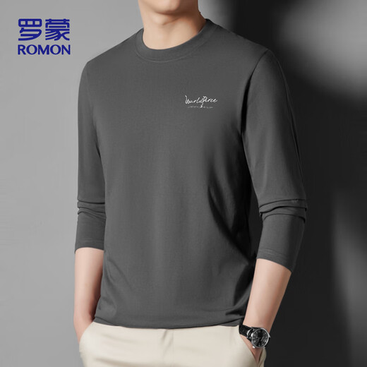 ROMON long-sleeved T-shirt men's pure cotton autumn loose solid color bottoming shirt round neck casual top 2313 dark gray XL