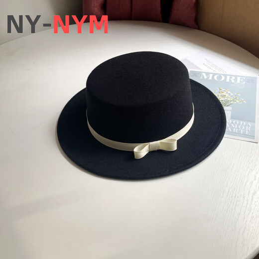 NY-NYM British style retro woolen hat for women in autumn and winter fashion versatile bow flat top Korean style black jazz hat for men black M (56-58cm)