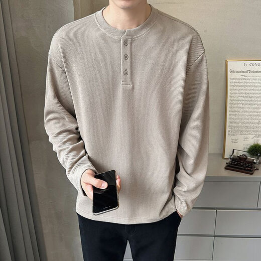 Henry collar long-sleeved T-shirt for men 2023 new spring and autumn style autumn clothes button solid color textured bottoming shirt sweatshirt for men Gray Apricot L Recommended 115-135Jin Jin is equal to 0.5 kg