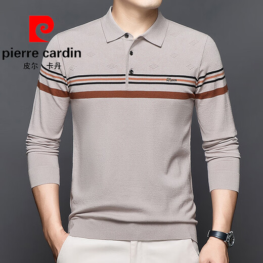 Pierre Cardin Spring and Automne NOUVEAU BUCUPAGE CONCUTÉE CASBRICAL T-shirt long à manches longues Polo à rayures en tricot mince d'âge moyen. Chemise GY12808 Brown Camel M Suggestion-125Jin [Jin est égal à 0,5 kg]