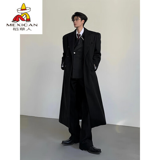 Scarecrow (MEXICAN) British-style black shoulder-padded godfather coat for men in spring, autumn and winter, mid-length cleanfit shoulder windbreaker jacket black upgraded style M (suitable) 100-115Jin Jin is equal to 0.5 kg