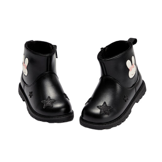 DAVE&BELLA girls' boots, children's short boots, non-slip autumn and winter girls' velvet shoes, black leather boots