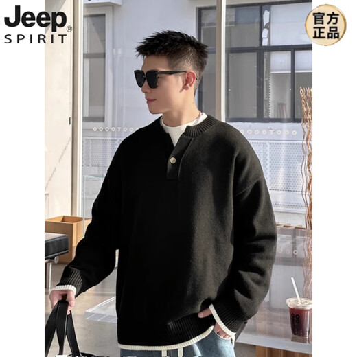 JEEP SPIRIT spring, autumn and winter heavy ins style fake two-piece spliced henley collar sweater for men loose casual versatile solid color V-neck wool gray original custom 900g fabric M recommended 90-125Jin Jin equals 0.5 kg