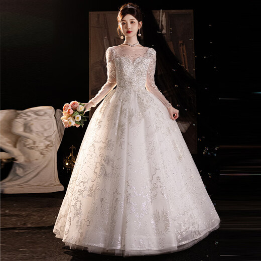 Wei Lianmenglan one-shoulder French light wedding dress 2025 new main yarn textured long-sleeved wedding dress for little brides white floor-length style (wedding dress + 8-piece set) XS weight 80Jin Jin is equal to about 0.5 kg