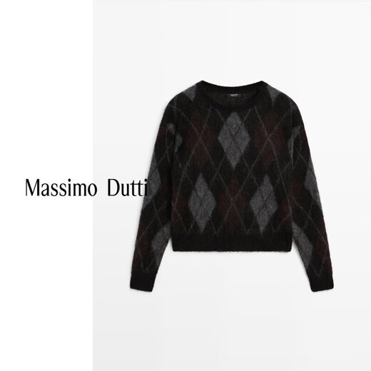 Massimo Dutti Autumn and Winter New Products 2025 Women's Retro Versatile College Style Argyle Sweater Round Neck Sweater 05768923 Black XS (CN 165/84A)