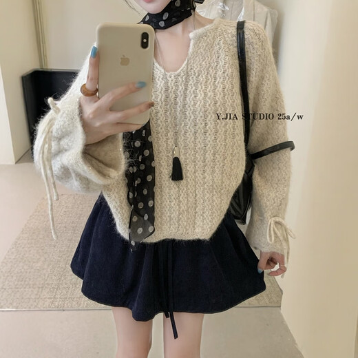 Su Yuwei old money style gray high-end twist U-neck sweater for women autumn and winter lazy style drawstring bell sleeve sweater top yellow Follow the store - free shipping insurance S (80-95Jin Jin is equal to 0.5 kg)
