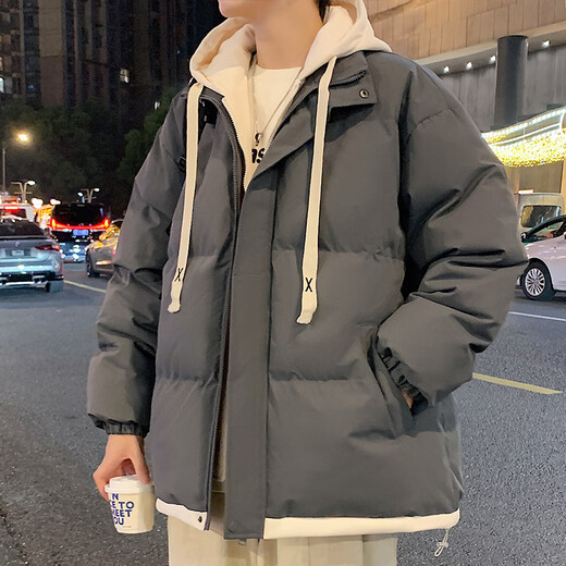 Playboy (PLAYBOY) fake two-piece hooded thickened cotton coat for men autumn and winter 2026 new cotton coat jacket for men loose warm bread coat 636# dark gray M recommended 90~120Jin Jin equals 0.5 kg to wear