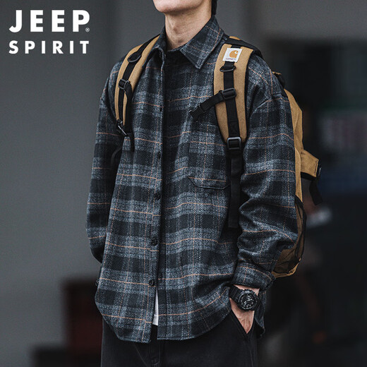JEEP SPIRIT吉普磨毛加厚格子衬衫男秋冬季工装长袖衬衣休闲外套 深灰色 XL