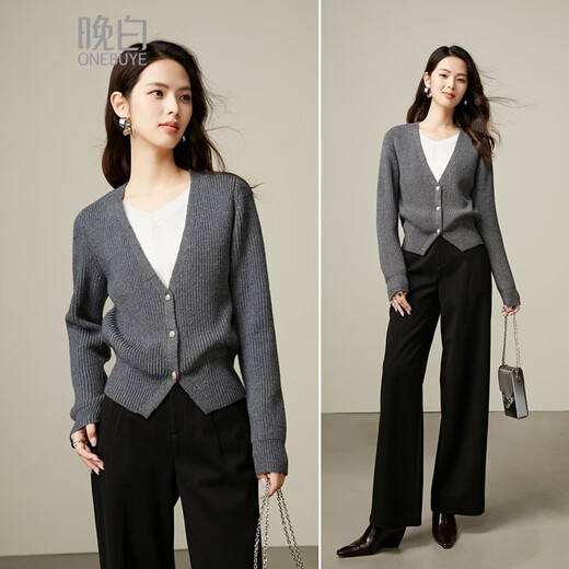 Late White 2025 Autumn and Winter Design Lazy Wind Contrast Color Splicing Fake Two-Piece Knitted Sweater Versatile Slim Sweater Women Dark Gray S