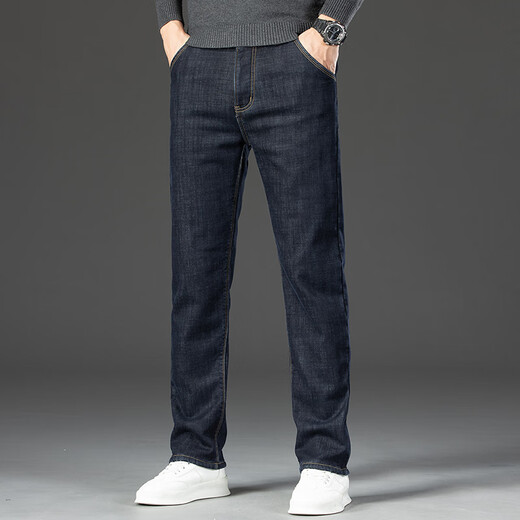 Playboy (PLAYBOY) Winter Velvet Thickened Jeans Men's Loose Straight Elastic Warm Men's Pants 2025 New Casual Pants 3399R Blue Black Velvet 32 Recommended 140-149 Jin Jin equals 0.5 kg