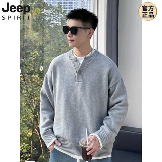 JEEP SPIRIT spring, autumn and winter heavy ins style fake two-piece spliced henley collar sweater for men loose casual versatile solid color V-neck wool gray original custom 900g fabric M recommended 90-125Jin Jin equals 0.5 kg