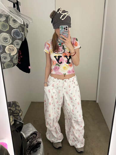 Authentic Korean Jennie Bae Zhuhyun same style open yy joint Kitty workwear wide-leg paratrooper casual trousers white kitty jennie Bae Zhuhyun same style S