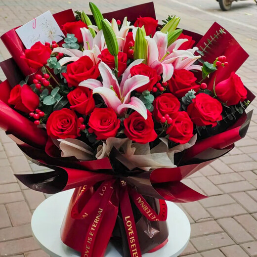 Youke Jade Flower Express red rose bouquet to express love to girlfriend and wife as birthday gift nationwide citywide delivery 19 red roses and lily bouquet