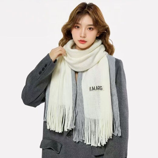 2025 two-color stitching contrasting scarf for male and female students as a gift for winter new versatile tassel shawl warm scarf white gray