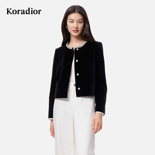 Claire Tier Celebrity Style Autumn Gold Style Velvet Beads Short Fragrance Jacket Collarless Black L