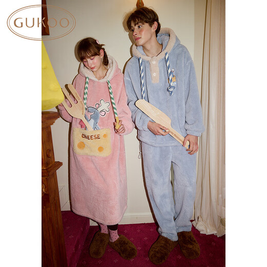 Gukoo Couple Pajamas Winter Ratatouille Co-branded New Coral Velvet Warm Women's Homewear Set Men's Pajamas D Paradise Pink Women's Nightgown M