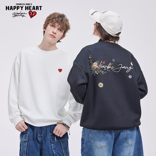 Charles Heart American Round Neck Pullover Sweatshirt for Men and Women Spring and Autumn Floral National Trend Imitation Embroidery Print Jacket Black L