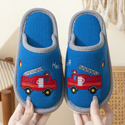 BIBK German children's cotton slippers spring and autumn boys indoor home big children cartoon car boy non-slip baby slippers blue-spring size 36-37 (suitable for 35-36 feet)