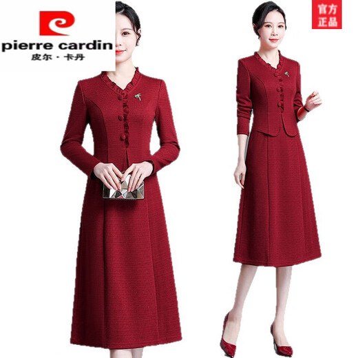 Pierre Cardin Young Mother-in-Law Wedding Dress Noble Cheongsam 2025 Dress Can Be Weared in Autumn as Mother-in-law Wedding Dress Red 2XL (Suitable for 126-135 Jin Jin equals 0.5 kg)
