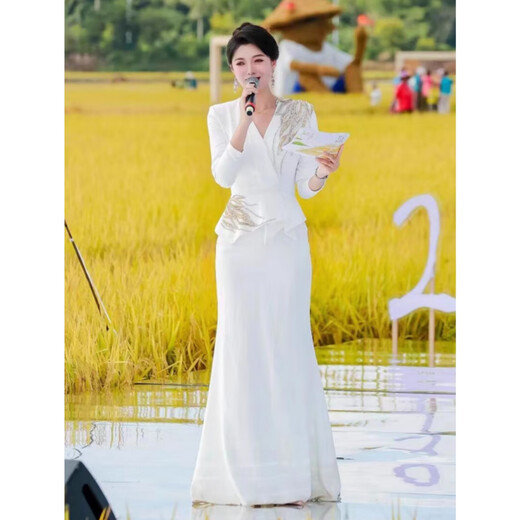 Belaya banquet evening dress, high-end evening dress, host performance, temperament, chorus, piano performance, national vocal music test skirt, white S