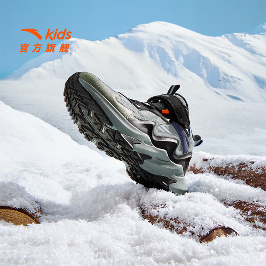 ANTA children's cotton shoes for men and women, big children, autumn and winter, new leather surface, waterproof, non-slip, velvet and Velcro outdoor high-top snow boots, recommended by the store manager, gray/black/slightly smoked green-6 37, shoe inner length 23.5cm