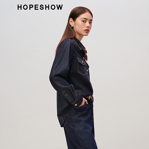 Red Sleeve (hopeshow) 2025 Autumn New Women's Clothing Retro Washed Single Breasted Right Shoulder Long Sleeve Lapel Denim Shirt Dark Denim Blue 072 M