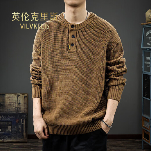 VILVKELIS British Chris-style Henry collar sweater for men in autumn loose large size with long-sleeved American retro casual sweater Khaki M _Suitable weight 105-115Jin Jin equals 0.5 kg