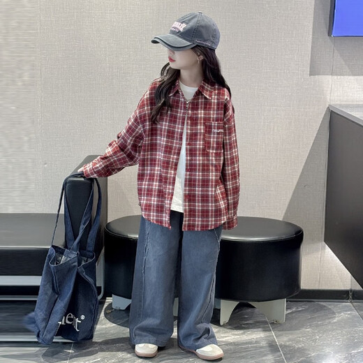Girls plaid shirt spring and autumn 2025 new fashionable girls big children autumn fashionable jacket children Korean style shirt red 170