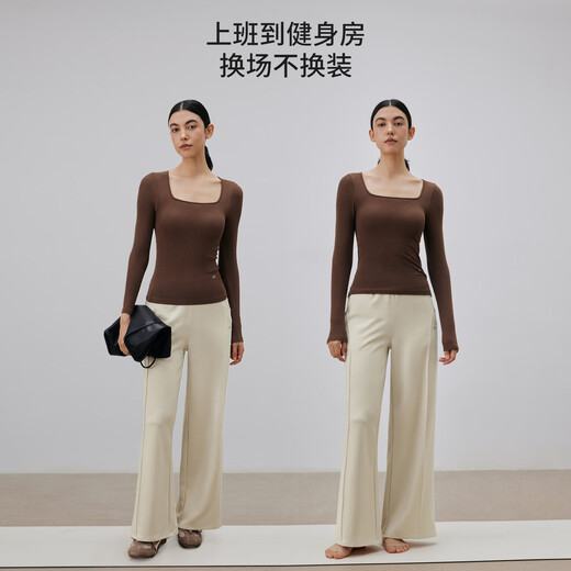 Gigt Jiji Yoga Wear Women's Autumn Warm Ribbed Sports Long Sleeve Square Collar Slimming Pilates Training Wear Brown S (S/M)