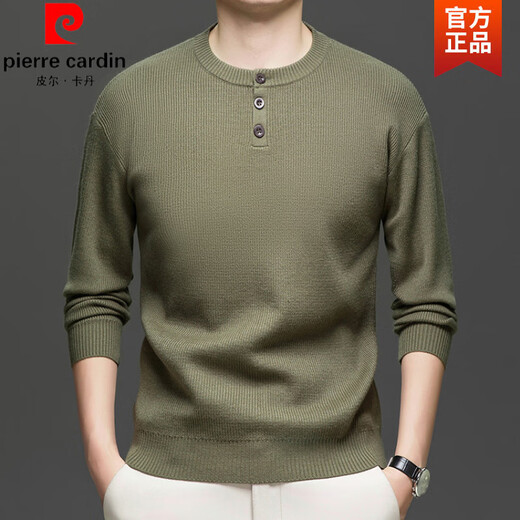 Pierre Cardin sweater men's autumn and winter 2025 new loose casual versatile solid color Henry collar bottoming sweater boys trend khaki L 175/88A