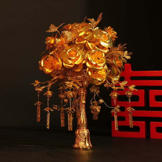 Flower wedding gifts bride wedding gifts Chinese style Xiuhe clothes accessories for best friend golden high-end imitation gold hand-held flowers Golden branch roses Finished product (made) + acrylic gift box