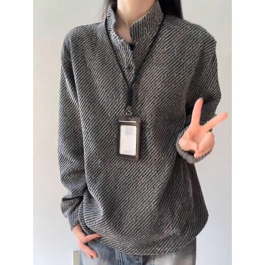 7 excellent products Henry collar sweatshirt men's autumn and winter striped heavy base polo shirt loose casual jacket top men CQS-3266 Gray M