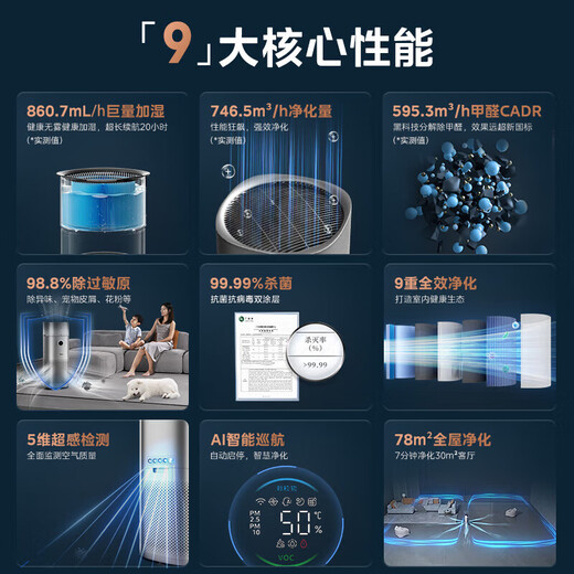 Midea Xingche series air purifier removes formaldehyde and odor, smokes air humidifier, household sterilization, odor removal, pet purifier, allergen fresh air blower, mist-free humidification, purification and humidification all-in-one machine