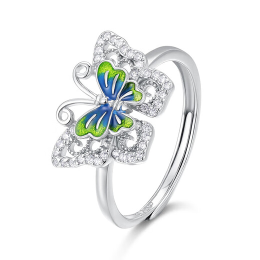 Lao Fengxiang silver 925 enamel butterfly ring with zircon as a holiday and anniversary gift for girlfriend and wife. Silver 925 enamel butterfly with zircon ring.