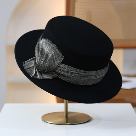 JOLISAC Autumn Print New for Autumn and Winter Elegant Gold Straw Ginkgo Knot Wool Flat Top Felt Hat French Retro Fashion Hat Black Adjustable