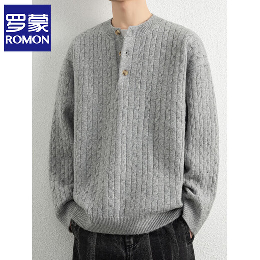 ROMON Lazy Style Sweater Men's 2025 Autumn and Winter New Retro Twist Henley Collar Bottoming Sweater Men's Carbon Black XL