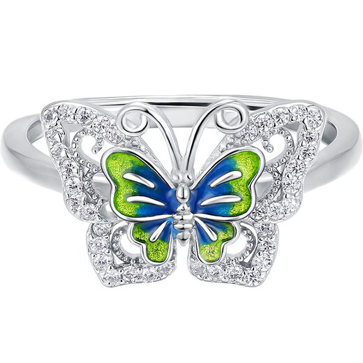 Lao Fengxiang silver 925 enamel butterfly ring with zircon as a holiday and anniversary gift for girlfriend and wife. Silver 925 enamel butterfly with zircon ring.