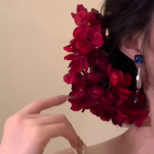 Mengdong Super Fairy Atmosphere Rose Flower Hairpin Women's Hanfu Accessories Red Hairpin Flower Headband Hair Accessories 2025 New Style Red Flower Hairpin * 1 piece Overall about 12*10cm - hairpin about 6cm long