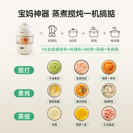 PLODON baby steaming, stewing and whipping all-in-one multi-functional food supplement machine, 5-stage food supplement machine for months, double cups and double knives
