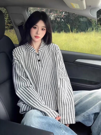 Xuanfanduo herringbone pattern American Henry collar sweatshirt for men in autumn heavyweight houndstooth long-sleeved T-shirt with bottoming shirt for men white M M recommended 105-120 Jin Jin equals 0.5 kg