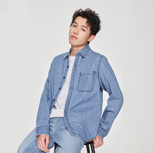 Lee25新品标准版翻领小Logo男长袖牛仔衬衫 浅蓝色 L
