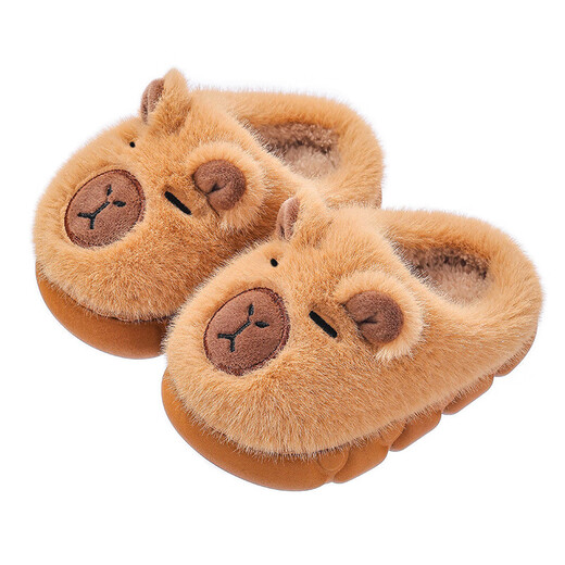 Kapibara children's cotton slippers, winter, boys' warm plus plush, home parent, child and baby bag heel cotton shoes, light coffee slippers, size 35, size 36 (shoe length 21CM, suitable for feet 20CM)