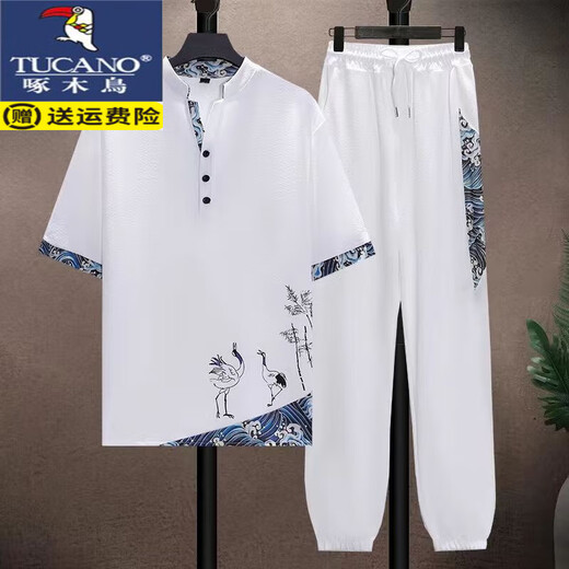 Woodpecker Ice Silk Suit Men's Summer Thin Tang Suit Short Sleeve Casual Chinese Style Men's Loose Hanfu Set A Set Handsome 497 White [Set] Thin XL Recommended 125-140Jin [Jin equals 0.5 kg]
