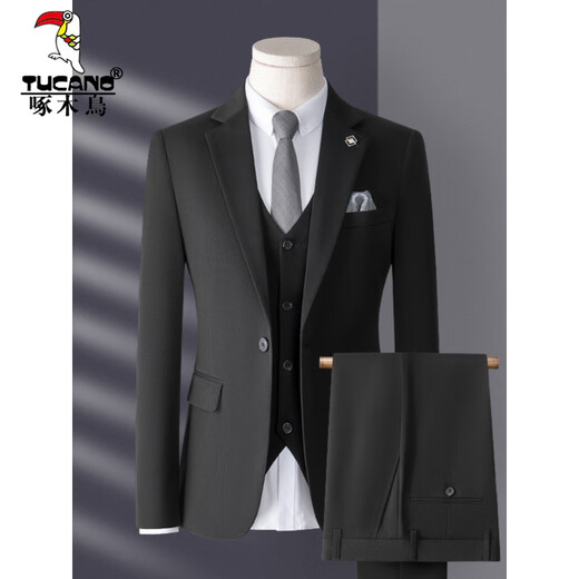 Woodpecker (TUCANO) suit men's three-piece Korean style slim business casual suit groom's wedding dress light gray top + pants + vest shirt collar S