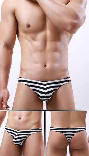 Japanese and Korean men's sexy underwear bottoms, low-waisted striped U-convex thong, six-pack, black and white stripes + sapphire blue and white strips + blue and white strips + brilliant blue and white strips + gray and white stripes + red and white stripes M